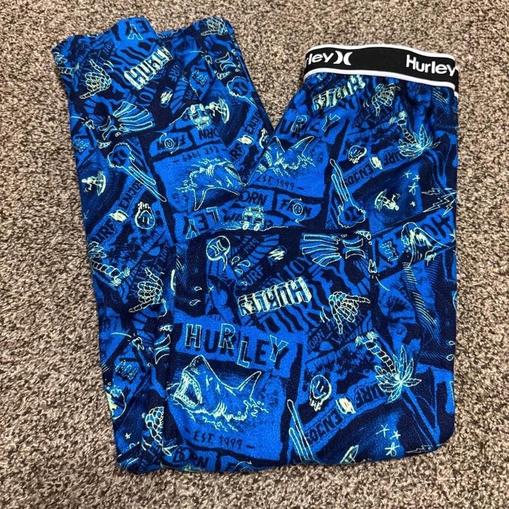 Hurley Boys Blue Shark Surf Graphic Fleece Pajama Pants Size 10 Sleepwear